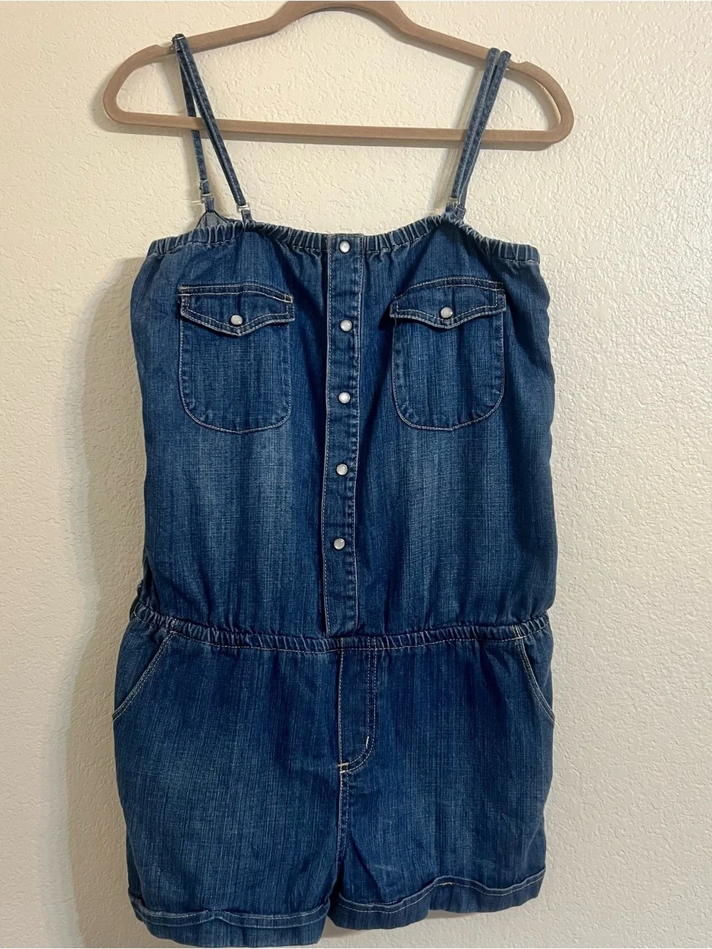 Roxy  Blue Denim Romper Shorts casual relaxed summer strapless classic vacation